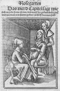Hier kommen Sie zur Vergrößerung der Darstellung aus dem 16. Jahrhundert aus Eucharius Rösslins „Der schwangeren Frauen und Hebammen“. - Rosengarten 